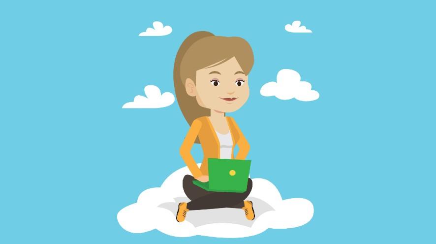vector woman sitting on cloud with laptop