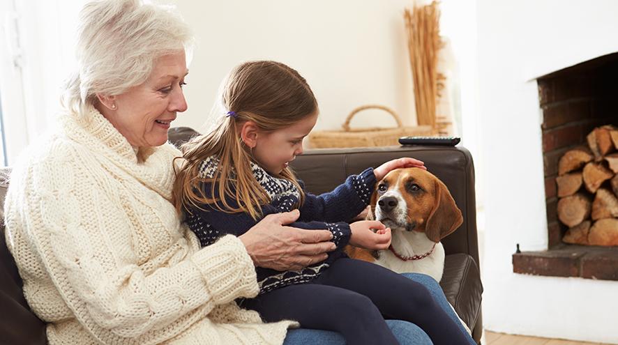 Grandmother and granddaughter petting the family beagle.