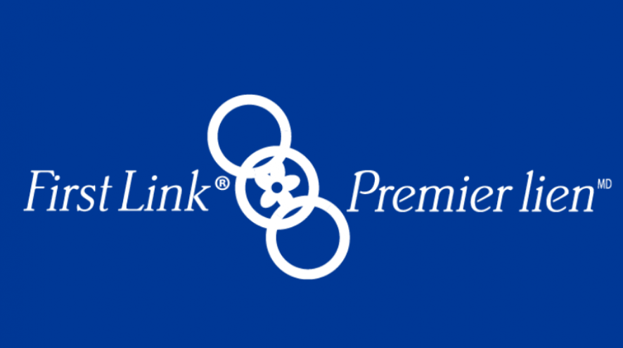 Logo for First Link, three circles, leaning to hte left, with a forget-me-not flower in the middle circle