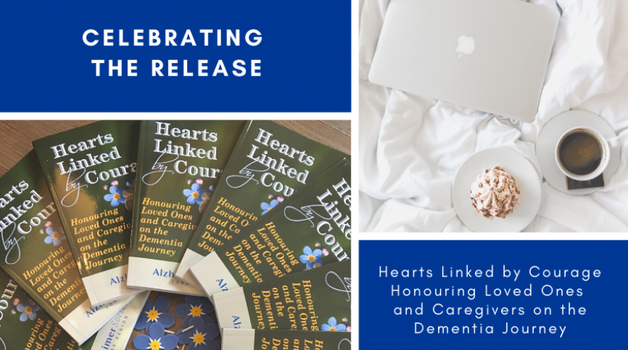 Images of Hearts Linked by Courage book, laptop and coffee talking about AS York's new book
